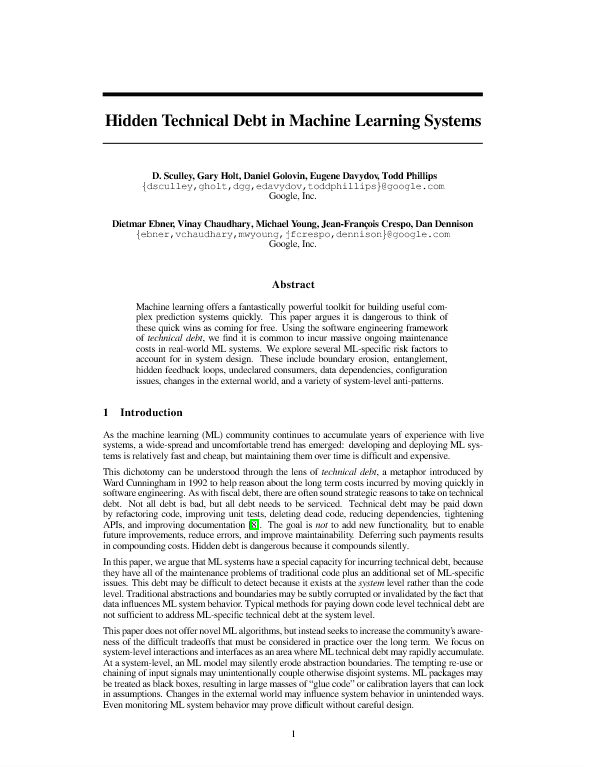 Hidden Technical Debt in Machine Learning Systems